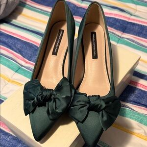 French Connection Dark Emerald Satin Pointed-Toe Pumps with Bow Accent
